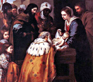 Pokłon Trzech Mędrców przed nowonarodzonym Jezusem (Adoración de los Reyes Magos, pędzla Bartoloméa Murillo; Muzeum w Toledo)