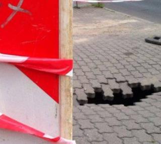 na fot.: podmyty i zapadnięty chodnik przy Nowym Świecie